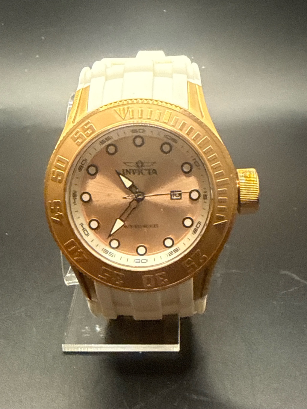 Invicta Gold Bezel Rose Gold Dial White Strap Watch